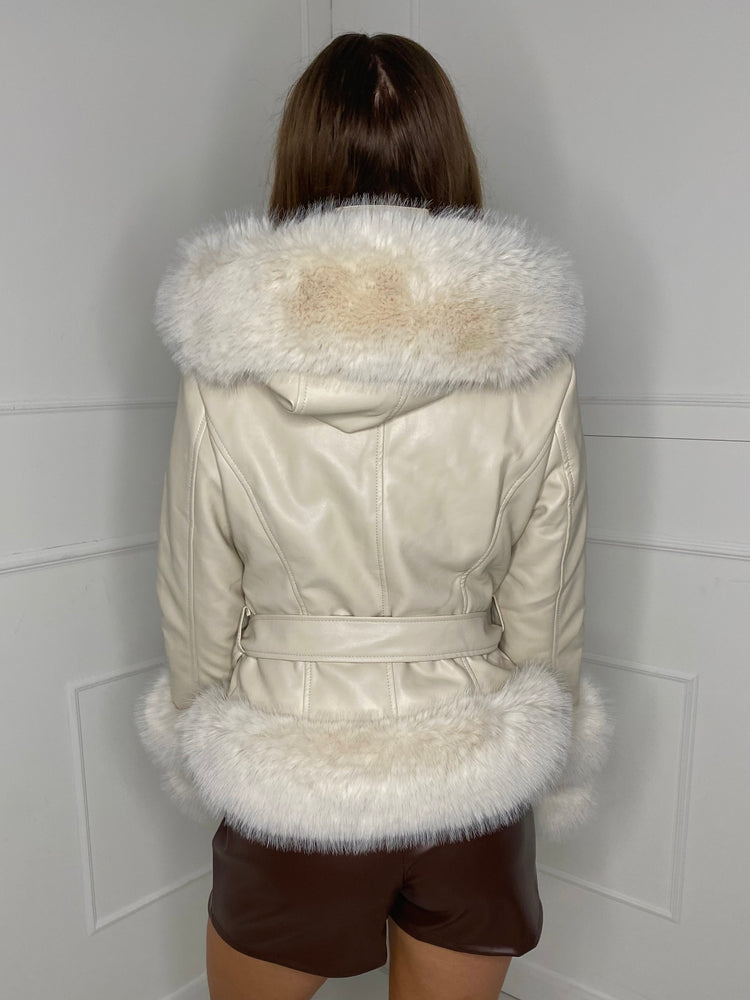 Hooded Faux Fur Detail Leather Jacket - Cream