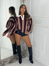 ‘Seville 98’ Striped Varsity Jumper - Wine/Beige