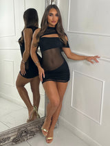 Mesh Contrast Mini Dress With Cut Out Detail - Black
