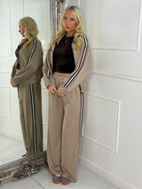 Stripe Detail Zip Up Bomber Tracksuit - Beige