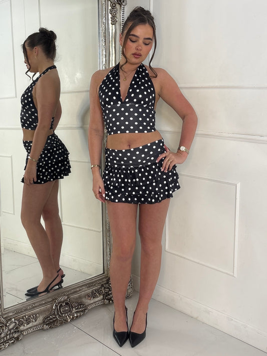 Polka Dot Halter Neck Top & Double Frill Skirt - Black