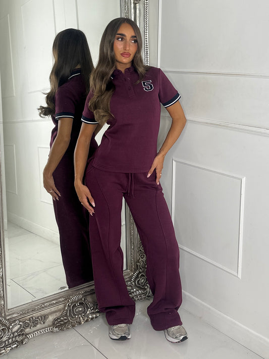 Soft Cotton Varsity Number Detail Matching Shirt & Straight Leg Joggers Set - Wine