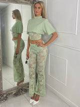 Padded Shoulder Cropped Tee With Lace Bra Underlayer & Built In Knicker Lace Flares Co-Ord - Sage Green