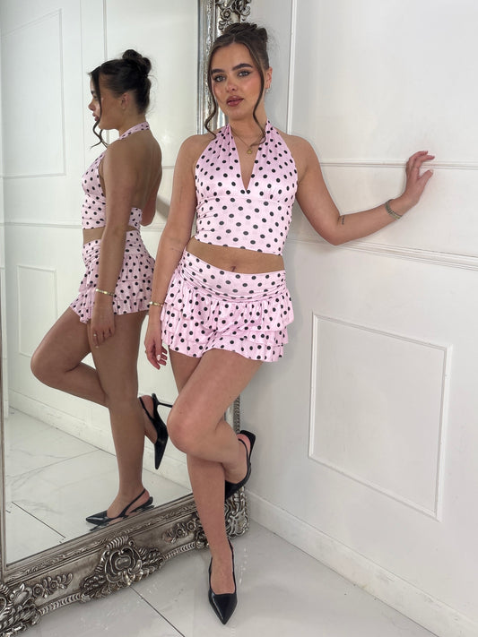 Polka Dot Halter Neck Top & Double Frill Skirt - Pink