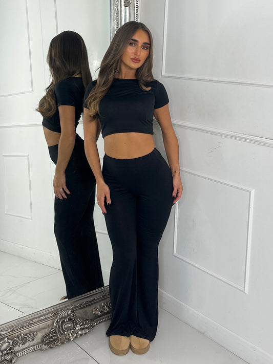 Heart Detail Crop Top & Wide Leg Pants Set - Black