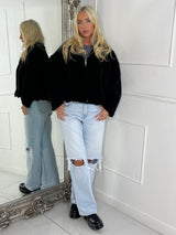 Collared Oversized Bomber Jacket - Black