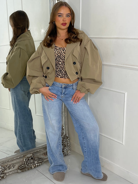 Crop Balloon Sleeve Trench Jacket - Taupe