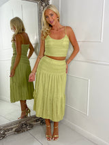 Lace Crochet Strappy Top & Flowy maxi Skirt Co-ord 
- Sage Green