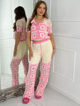 Patterned Crochet Skirt & Flared Pants Co ord - Beige / Pink