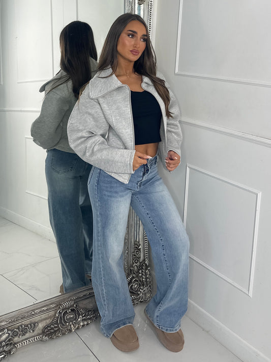 Zip Up Oversized Collar Jacket - Bleach Grey