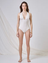 Zig Zag Detail Low Cut Swimsuit- White/Beige