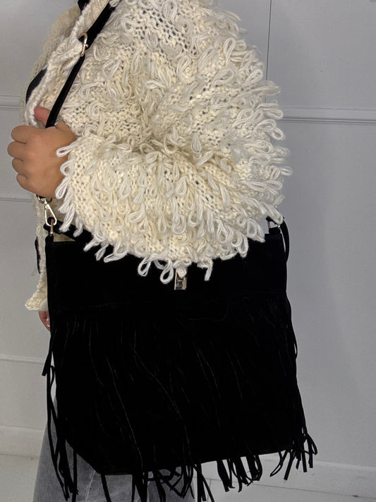 Large Suede Full Tassel Gold Lock Detail Shoulder Bag - Black