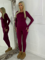 Long Sleeve Gym Top & Sculpt Leggings Set - Wine