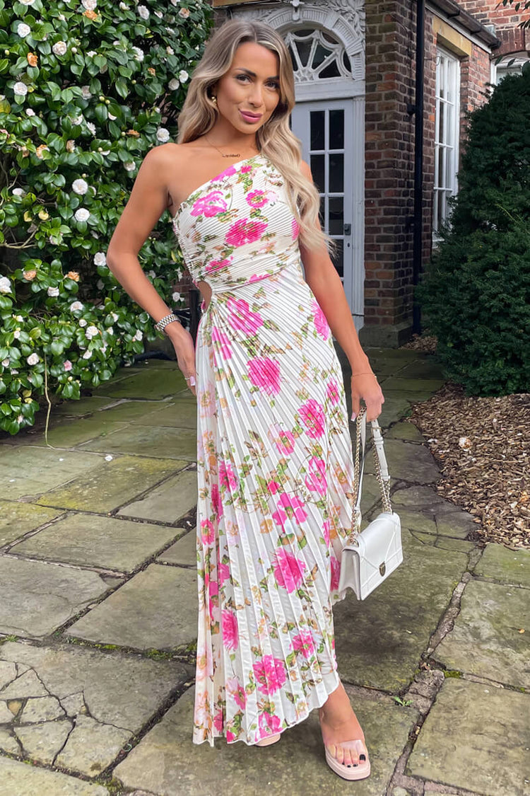 Cream and Pink Floral Print One Shoulder Pleated Satin Midi Dress