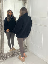 Plain Half Zip Teddy Fleece Jacket - Black