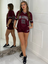 Los Angeles Varsity Top & Matching Shorts Co-ord - Wine / Black & White