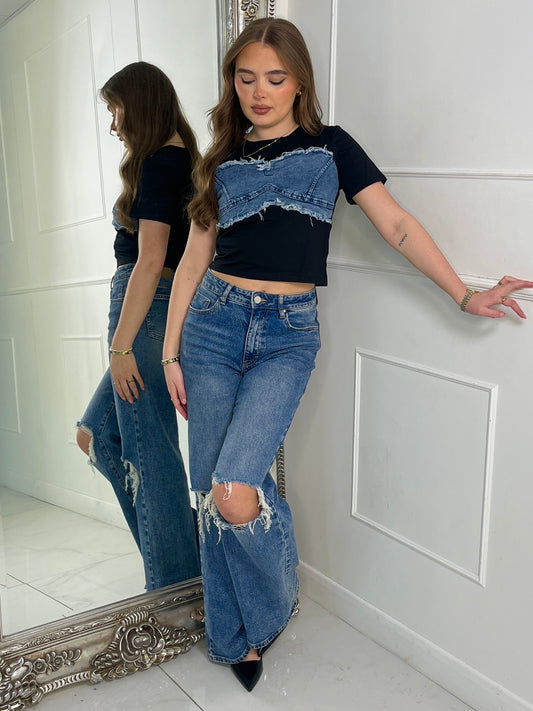 Blue Denim Frill Corset Contrast Crop Tshirt - Black