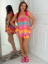 Tie-Back Ruffle Shoulder Top & Ruffle Band Shorts - Hot Pink Multi