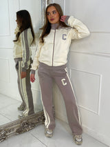 Colour Block Contrast “C” Embroidery Tracksuit - Dove Grey/Cream