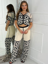 Patterned Crochet Skirt & Flared Pants Co ord - Beige / Black