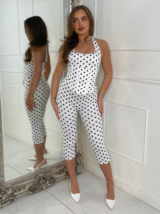 3 Piece Halter Neck Top , Corset & Capri Leggings - White Polka Dot