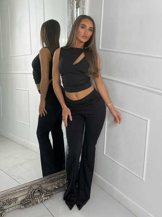 Slinky Foldover Flares and Cut Out Crop Top Co ord - Black