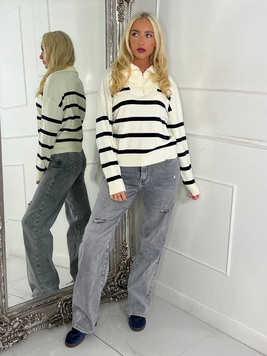 1/4 Zip Striped Jumper - Cream / Navy