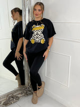 Leopard Print Teddy Oversized T-Shirt - Black