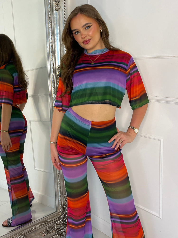 Mesh Cropped T-Shirt and Flares Co-Ord - Multi Ombre