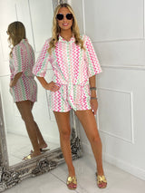 Baggy Cropped Shirt & Shorts Co-ord - Pink/ Green Zigzag
