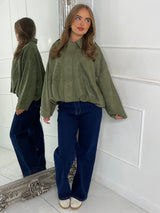 Suede Collared Oversized Bomber Jacket - Khaki