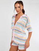 Stripe Crochet Knitted Shirt & Shorts Set - Multicoloured