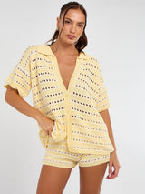 Stripe Crochet Knitted Shirt & Shorts Set - Lemon Yellow