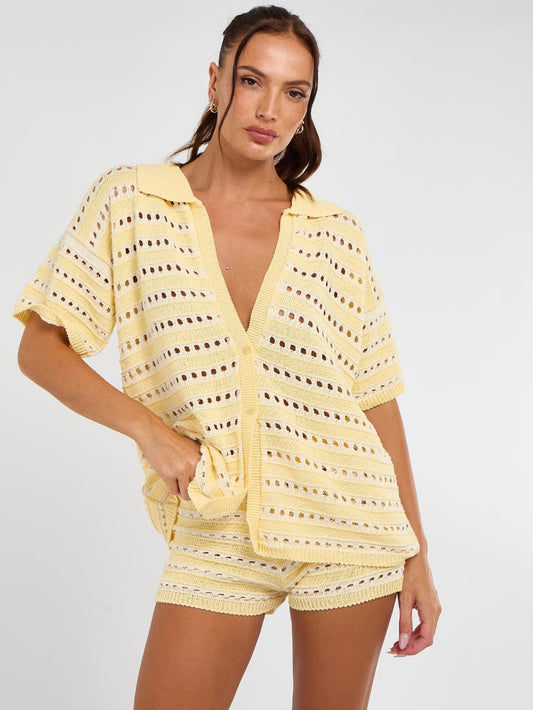 Stripe Crochet Knitted Shirt & Shorts Set - Lemon Yellow