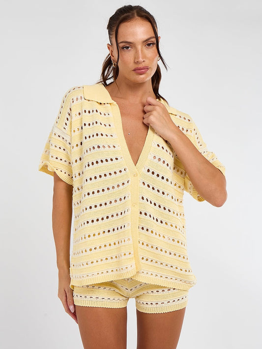 Stripe Crochet Knitted Shirt & Shorts Set - Lemon Yellow