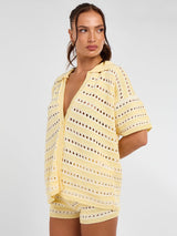Stripe Crochet Knitted Shirt & Shorts Set - Lemon Yellow