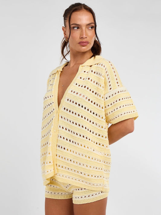 Stripe Crochet Knitted Shirt & Shorts Set - Lemon Yellow
