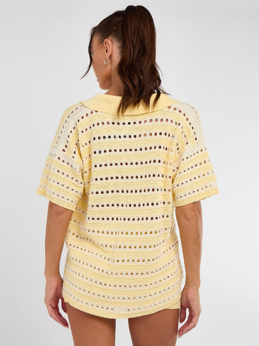 Stripe Crochet Knitted Shirt & Shorts Set - Lemon Yellow