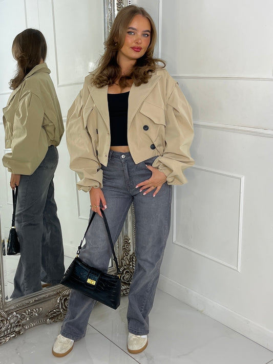 Crop Balloon Sleeve Trench Jacket - Beige