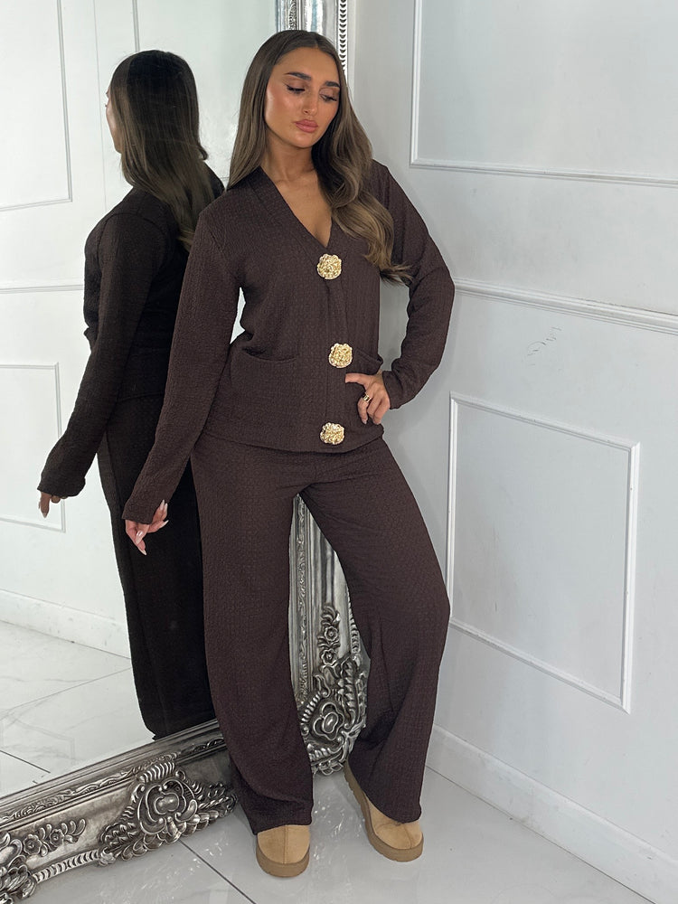 Long Sleeve V Neck Gold Pin Pocket Detail Top & Wide Leg Pants Co-Ord - Chocolate