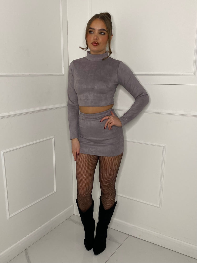 Suede High Neck Skirt Co-ord - Grey