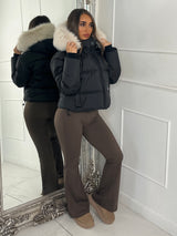 Cropped Faux Fur Trim Padded Jacket - Black/Cream