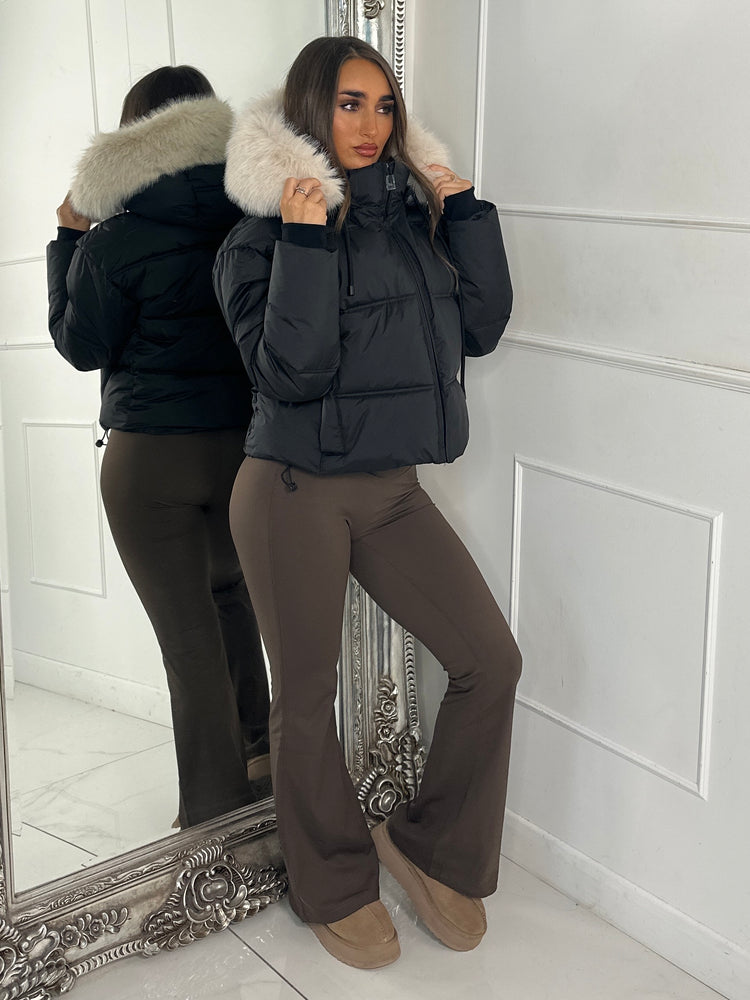 Cropped Faux Fur Trim Padded Jacket - Black/Cream