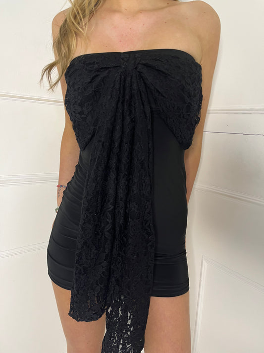 Lace Bow Bandeau Dress - All Black