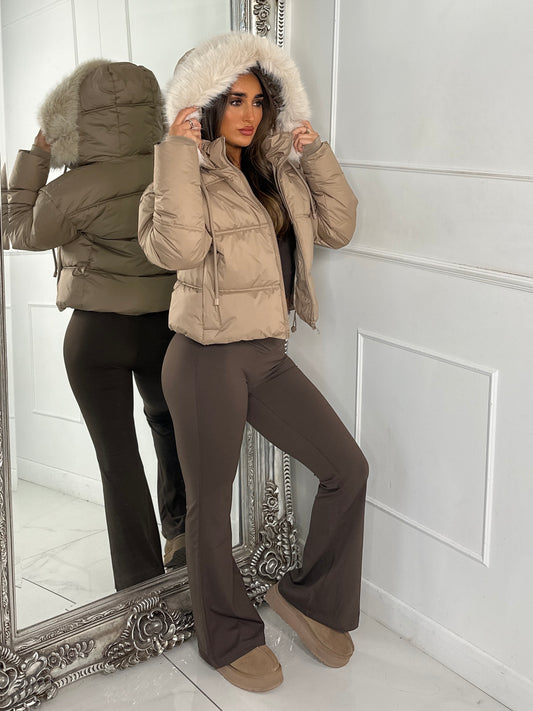 Cropped Faux Fur Trim Padded Jacket - Taupe/Cream