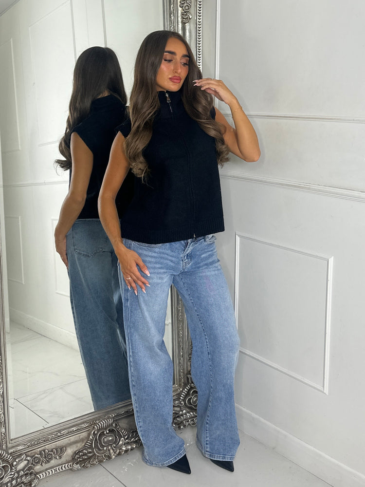 Sleeveless High Neck Knitted Rib Jumper With Zip Detail - Black