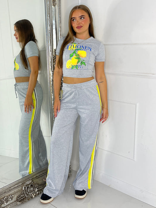 Lemon Tee & Side Stripe Trousers Co-Ord - Grey