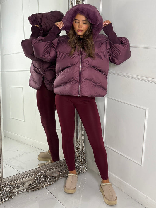 Hooded Puffer Coat With Faux Fur Trim - Wine