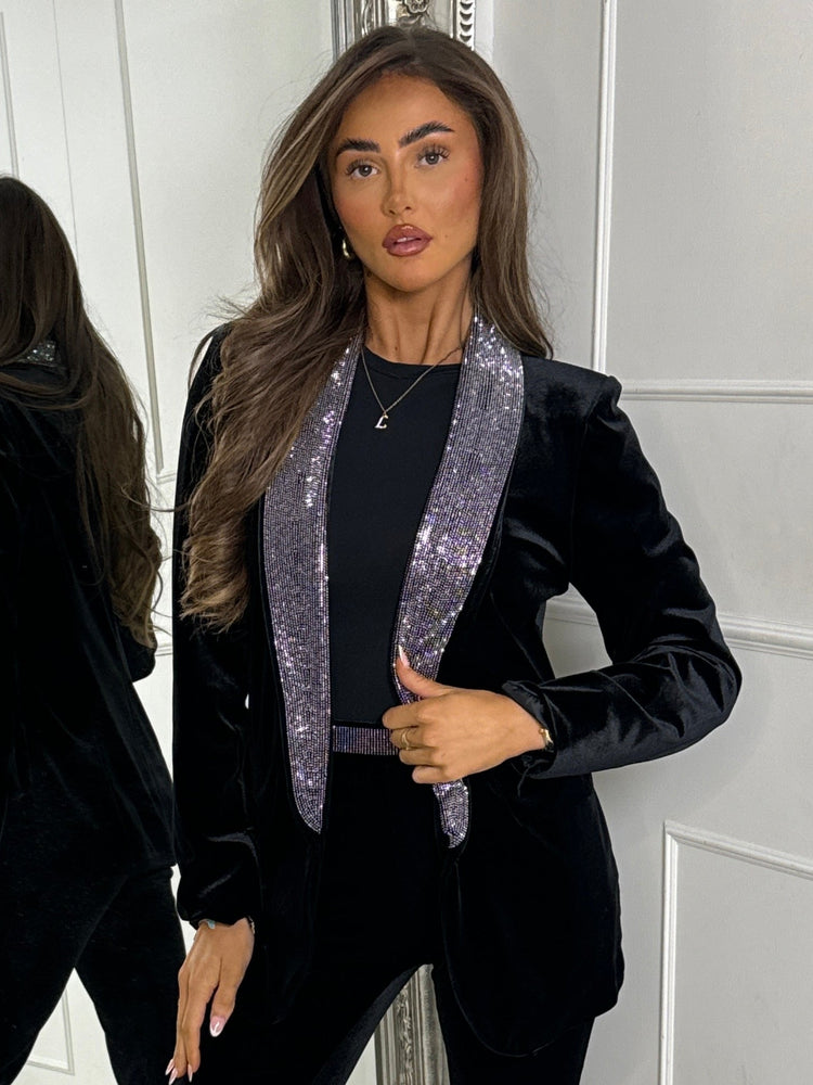 Velvet Blazer With Diamante Detail Collar - Black/Silver