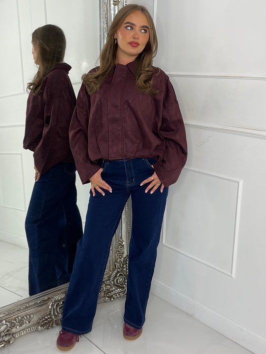Suede Collared Oversized Bomber Jacket - Wine